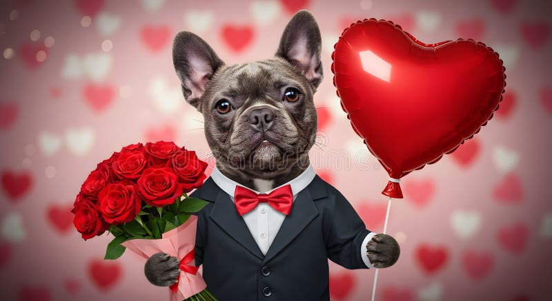 Charmig fransk bulldogg i smoking med rosor och hjärtballong för Alla hjärtans dag vektor illustrationer
