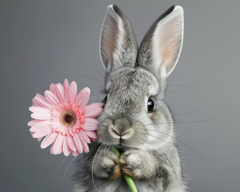 Charming Grey Rabbit Holding a Delicate Pink Gerbera Daisy in Its Paws