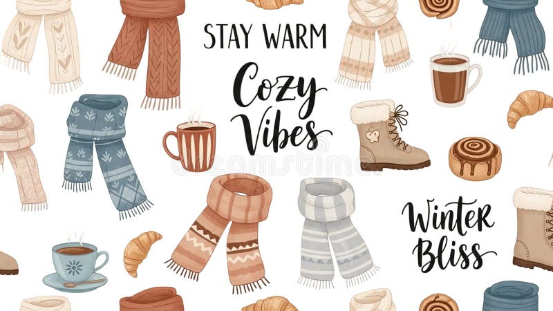Cozy Winter Vibes: Scarves, Boots, and Warm Treats Illustration stock illustration