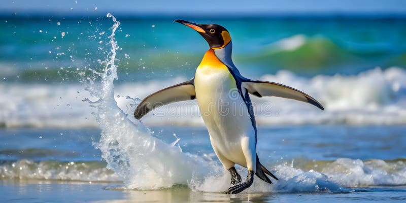 Charming King Penguin Leaping from Blue Waters: Engaging Visuals for Educational Materials on Marine Life vector illustration