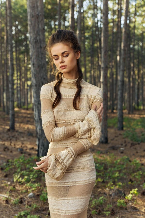 Charming Lady In A Dress In The Woods On Nature Hairstyle Model Romance Stock Image Image Of