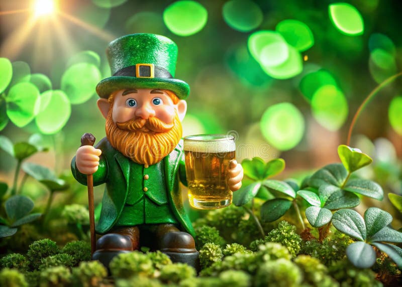 Charming leprechaun figurine innehåller den sista patricks day ölglass panoramamae-detaljen avslöjar festive irish scen vektor illustrationer