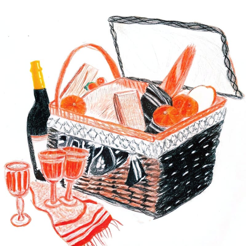 Charming Picnic Basket med vin och glasögon, omgivna av färsk frukt och färska Snacks vektor illustrationer