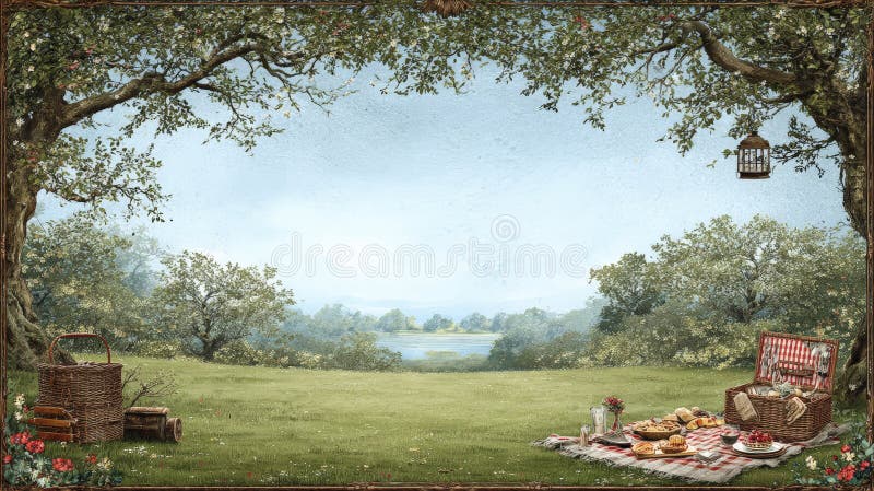 Charming Picnic i en solbelyst skugga vektor illustrationer