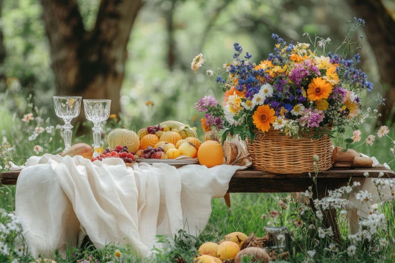 Charming Picnic-installation med färgade blommor färsk frukt och kristallglas vektor illustrationer