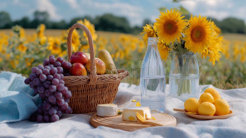 Charming picnic med färska frukter och blommor i ett solfält stock illustrationer