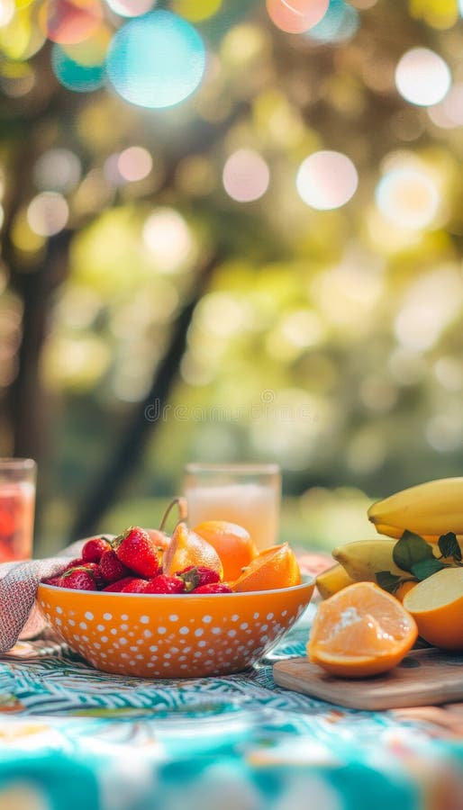 Charming picnic-scen med en sjudande orange skål av säsongsfrukt med mjukt fokus och bål stock illustrationer
