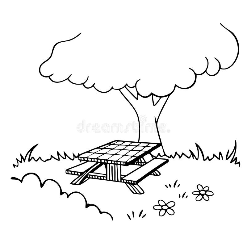 Charming Picnic Table under Lush Tree i Grassy Meadow med söta blommor stock illustrationer