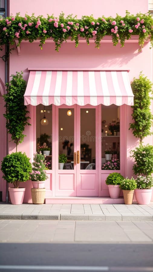Charming Pink Boutique Storefront with Blooming Flowers and Striped Awning stock images