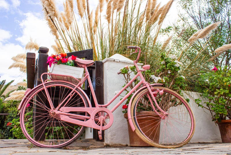 Pink Bicycle with Flower Basket in a Mediterranean setting