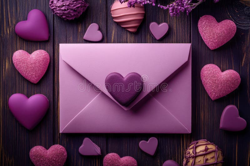 A charming purple envelope cradles heart-shaped cookies, surrounded by playful purple hearts, all resting on a royalty free stock images