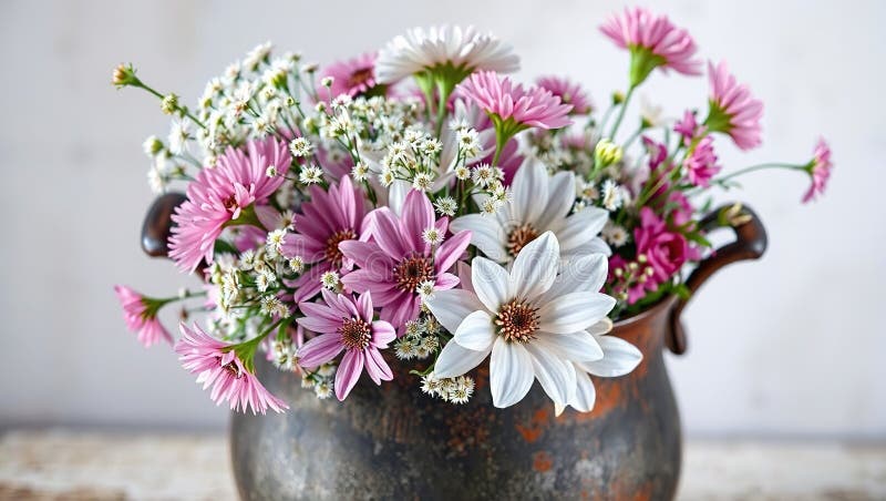 Charming Rustic Floral Arrangement with Pink Allium and Silver Malcolmia in an Antique Iron Pot A Springtime Delight stock illustration