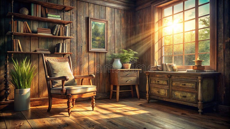 Charming Rustic Vintage Wooden Wall Display Featuring Antique Furniture in a Sunlit Room A Timeless Home Decor stock illustration