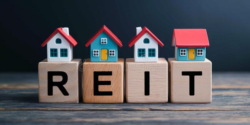 Miniature Houses Spelling REIT on Wooden Blocks, Real Estate Concept royalty free stock image