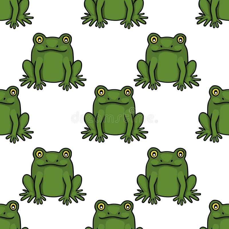 Charming seamless vector pattern featuring playful green frogs with bright yellow eyes, set against a clean white background stock illustration