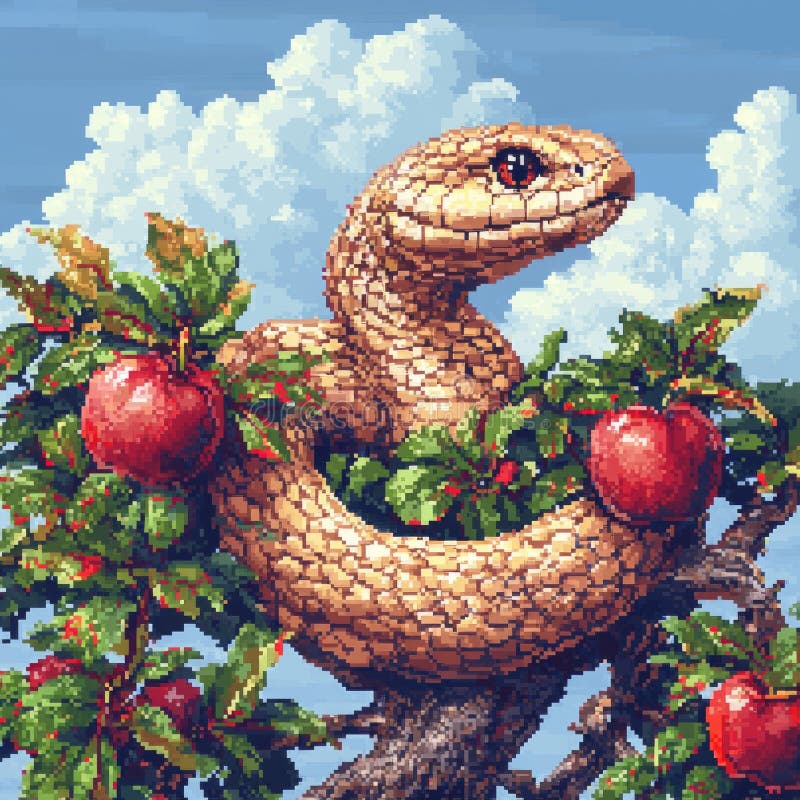 Serpent temptress pixelated apple tree nostalgic sky representing year 2025 colorful retro art style and charming royalty free stock images