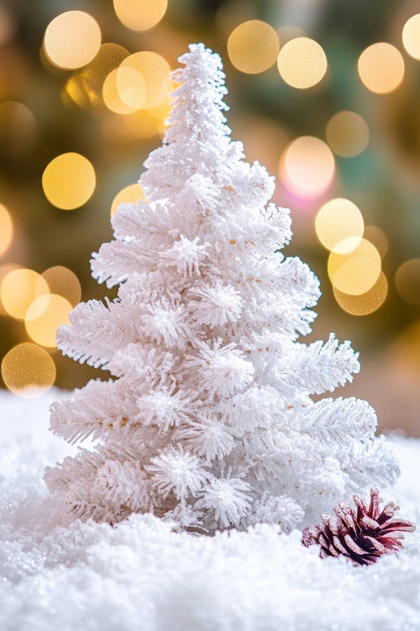 A charming small white Christmas tree adorned with a delicate pine cone, radiating festive cheer and warmth in a cozy stock images