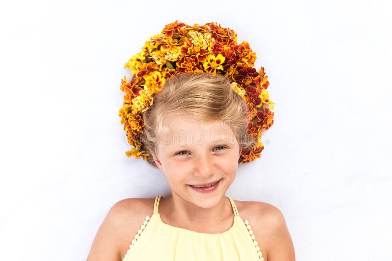 Charming Smiling Child with Hair Adorned with Floral Headband Stock ...