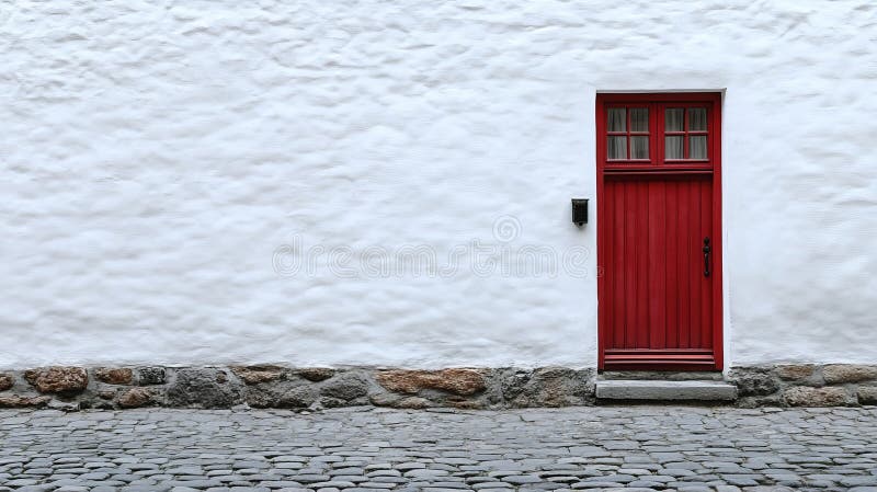 Charming Snow-Covered Red Door and Stone Path in a Countryside Hamlet. royalty free stock photos
