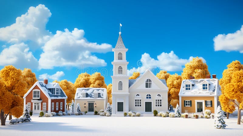 Charming Snowy Village med Golden Trees under Bright Winter Sky stock illustrationer