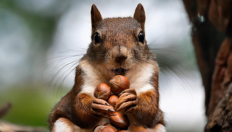 Playful Squirrel Gathering Nuts Amidst A Forest Backdrop at Dusk A Candid Moment Frozen in Time with a Warm and Whimsical Mood royalty free illustration
