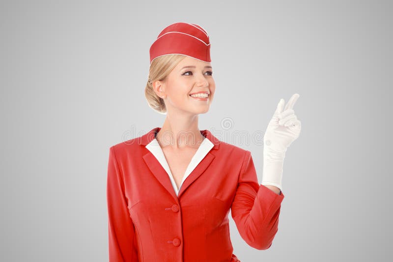 Charming Stewardess Dressed Red Uniform Pointing Finger Stock Photos ...