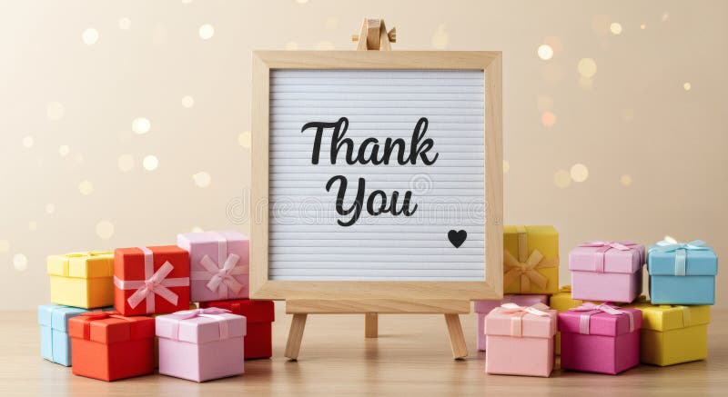 'Thank You' message on a rustic wooden easel, surrounded by gifts stock photos
