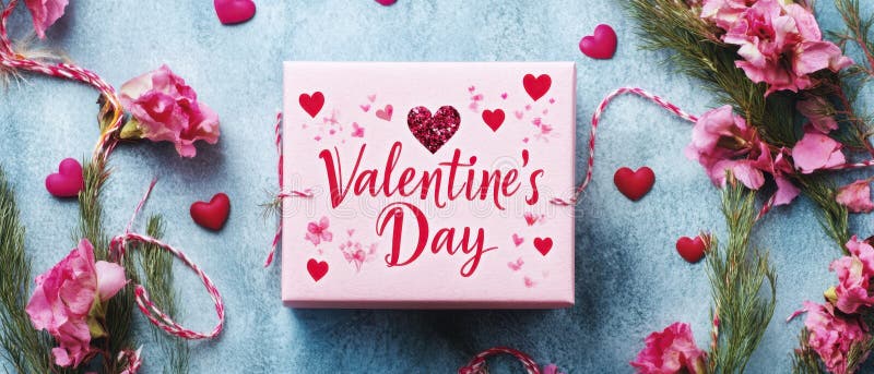 A charming Valentine's Day gift box adorned with delicate pink flowers and playful hearts, set against a refreshing royalty free stock photo