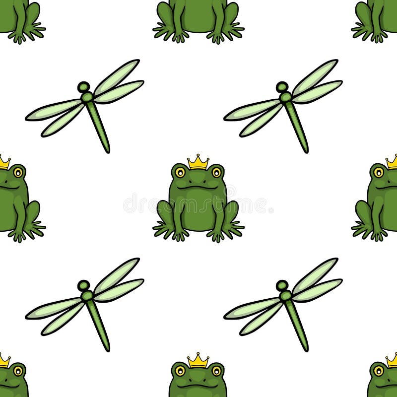 Charming vector seamless pattern featuring green frogs wearing golden crowns and light green dragonflies on a white background royalty free illustration