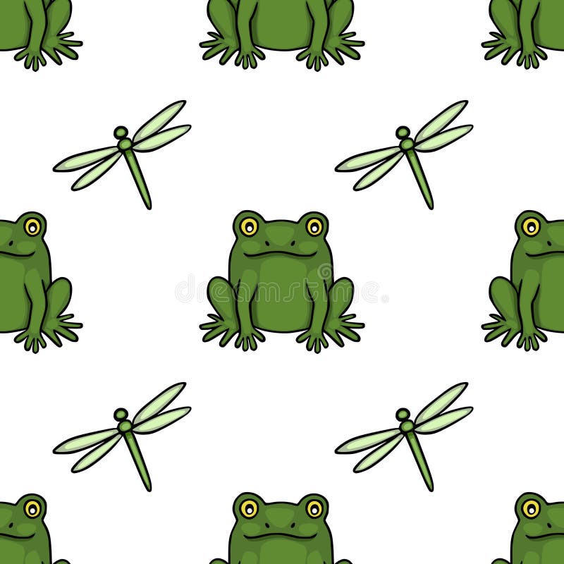 A charming vector seamless pattern featuring playful green frogs and delicate dragonflies on a clean white background, ideal for stock illustration