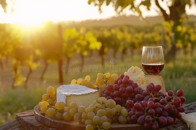 A charming vineyard setting features a carefully arranged cheese and grape platter, complete with a stock images