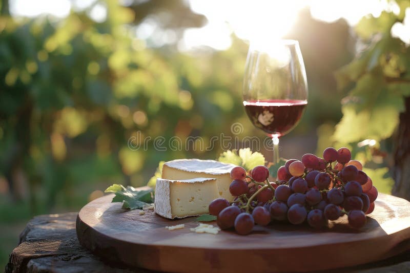 A charming vineyard setting features a carefully arranged cheese and grape platter, complete with a royalty free stock photo