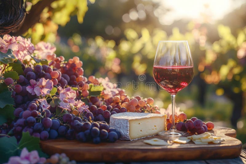 A charming vineyard setting features a carefully arranged cheese and grape platter, complete with a royalty free stock image