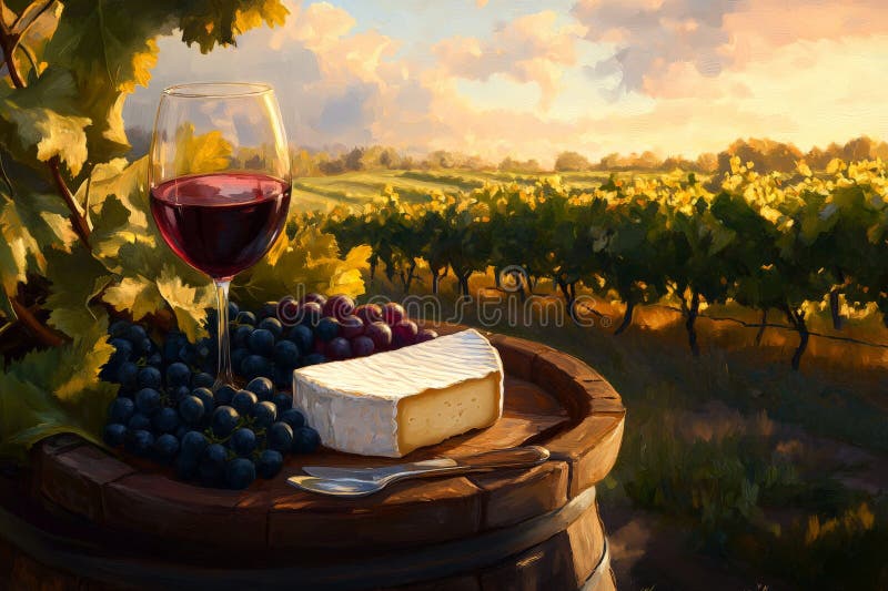 A charming vineyard setting features a carefully arranged cheese and grape platter, complete with a royalty free stock images