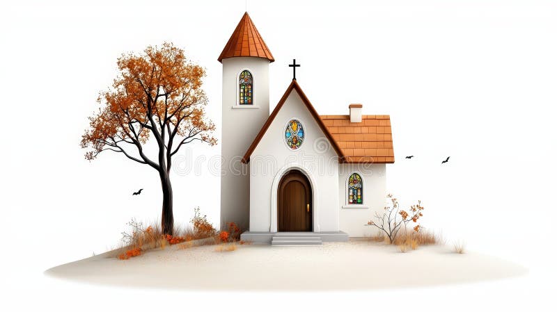 Charming vit kyrka med höstträd på vit, isolerad bakgrund stock illustrationer