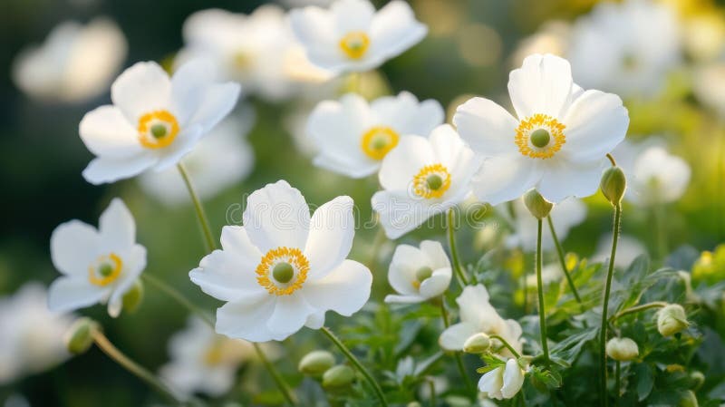 Charming vita blommor med gula centra i solljus vektor illustrationer