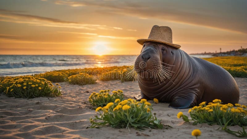 Charming Walrus i Straw Hat i Sunset Beach royaltyfri illustrationer
