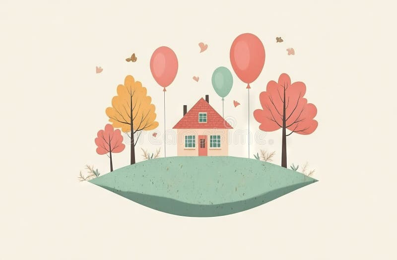 A charming and whimsical image of a house floating in the sky, carried by balloons royalty free stock photos
