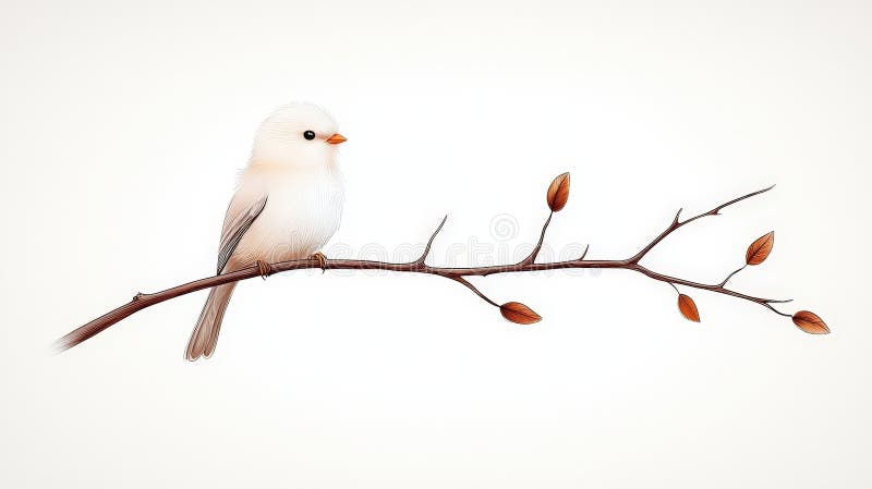 Charmig vit fågel som sitter på en gren med knoppande blad i minimalistisk stil. En charmig vit fågel sitter graciöst på en smal gren prydd med knoppande blad, vilket visar upp en lugn och minimalistisk estetik som är perfekt för alla naturinspirerade projekt.