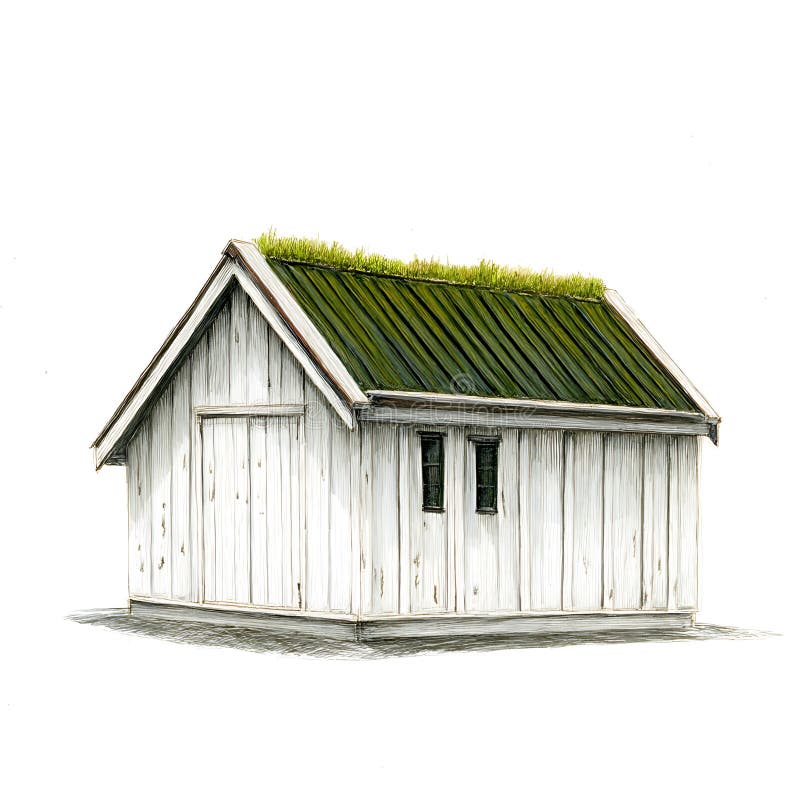 Charming White Cottage with Grass Roof Architectural Illustration vektor illustrationer