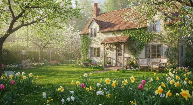Charming White Cottage i en vårgarden royaltyfri illustrationer