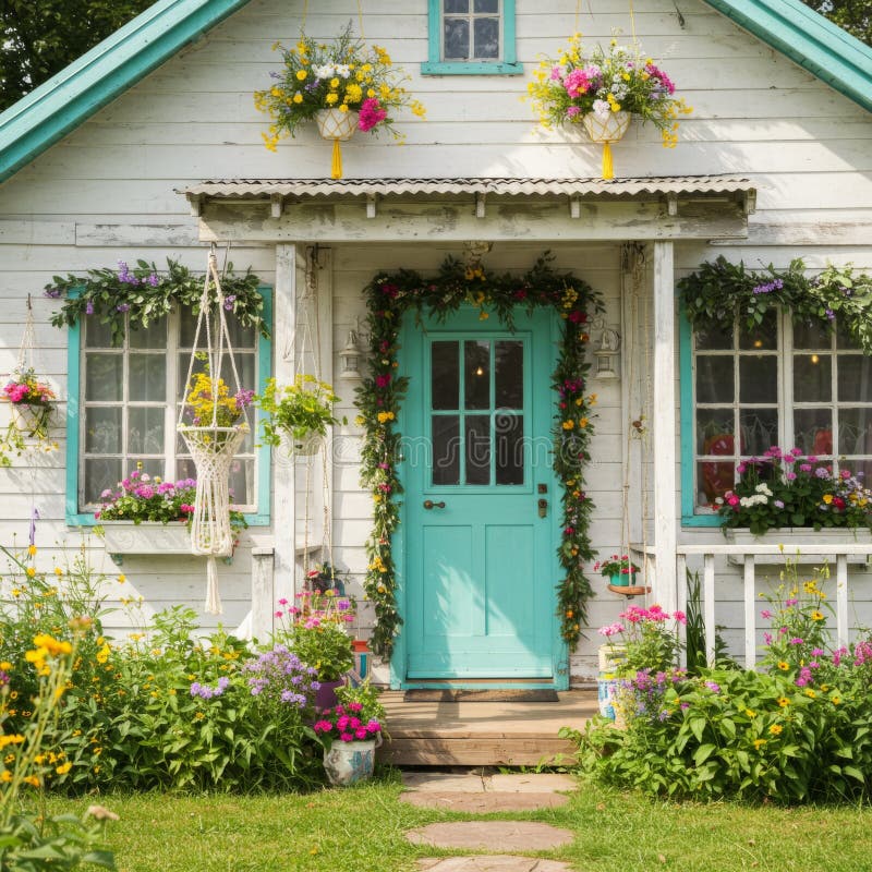 Charming White Cottage med Abundant Flowers och Blue Door royaltyfri illustrationer