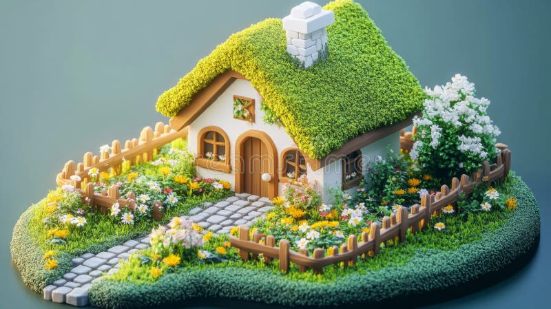Charming White Cottage med Green Roof och Flower Garden stock illustrationer