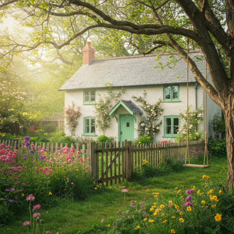 Charming White Cottage med Vibrant Flower Garden stock illustrationer