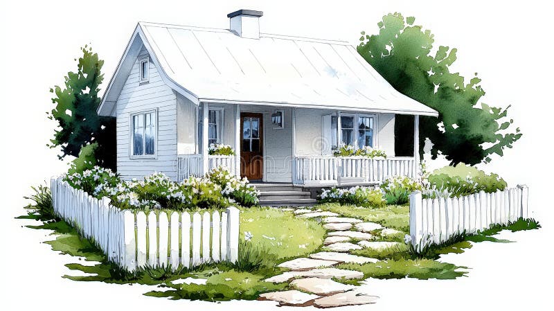 Charming White Cottage, omringad av Lush Greenery och White Picket Fence på en solnydag stock illustrationer