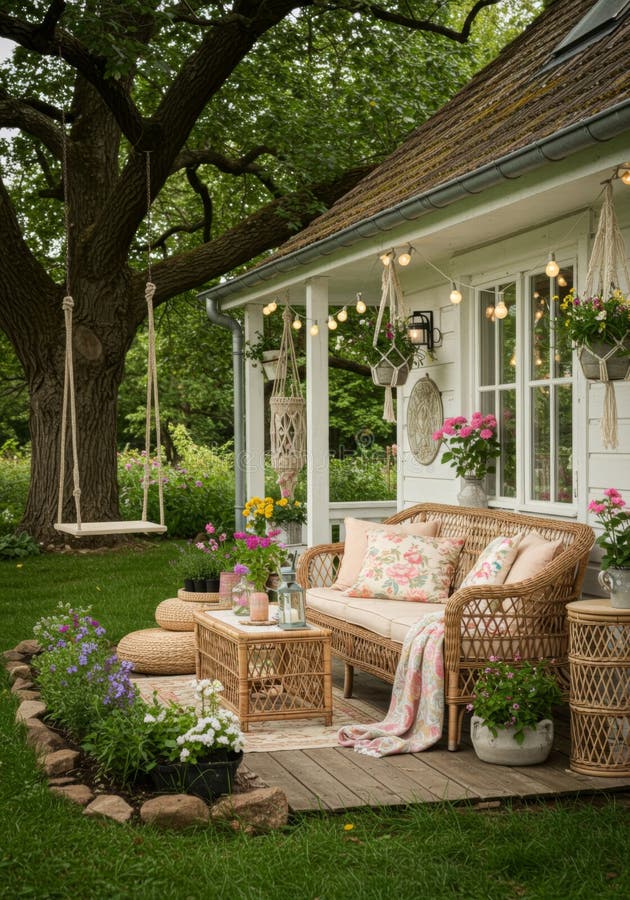 Charming White Cottage Porch med Wicker FurnMöbler och Flowers stock illustrationer