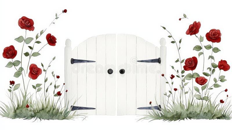 Charming White Garden Gate, omringad av Vibrant Red Roses och Lush Greenery stock illustrationer