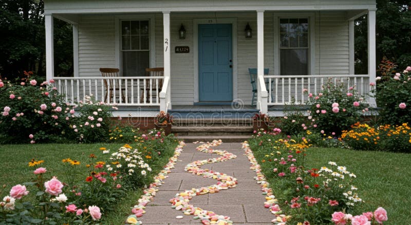 Charming White House med FlowerLed Path stock illustrationer