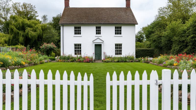 Charming White House med Lush Garden och Classic White Fence A Picturesque Country Home stock illustrationer