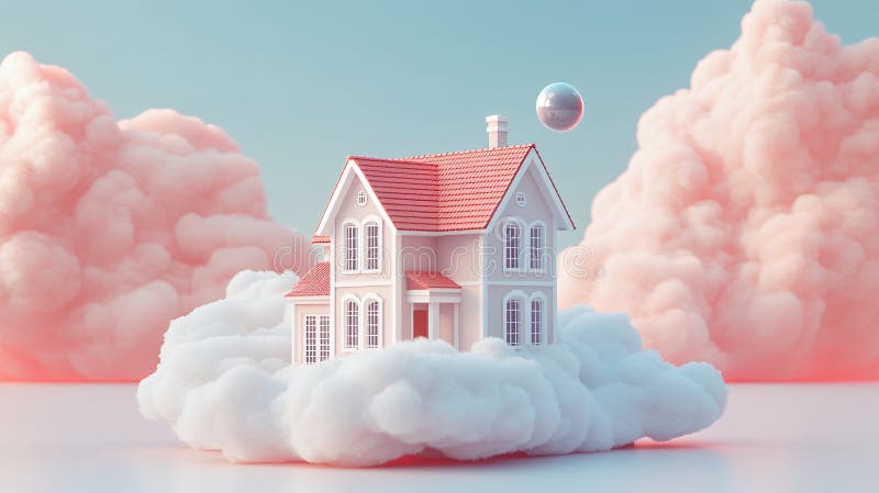 Charming White House på Fluffy Pink Clouds 3D Render vektor illustrationer